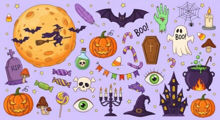 Naklejka premium A collection of halloweenthemed illustrations including a witch flying on a broomstick under a full moon, pumpkins, bats, and ghosts