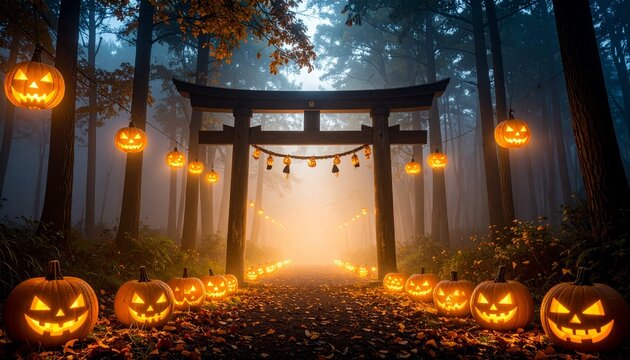 Enchanting Halloween Path: Illuminated Jack-o'-lanterns & Torii Gate in Misty Forest