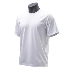 White t shirt on mannequin with short sleeves and round neck, plain casual clothing for everyday wear, soft fabric texture