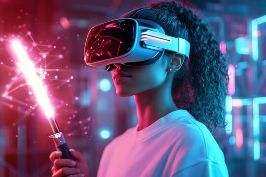 Software developer using virtual reality headset and interacting with glowing lines of code