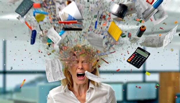 Office worker screams as paperwork and office supplies explode overhead, visualizing overwhelming stress and burnout. Modern workspace, emotional overload, workplace chaos, mental health awareness, vi