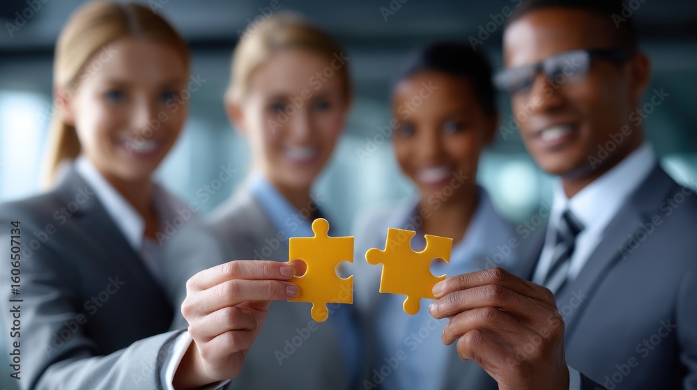 Poster team members collaborate with yellow puzzle pieces to symbolize unity and problem-solving in a corpo