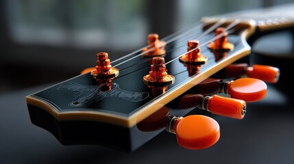 Brightly colored guitar headstock with shiny tuning pegs captured indoors during afternoon light