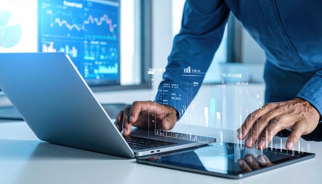 Businessman analyzing interactive financial data on a tablet indicating modern investment trends and market strategy visualization