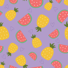 Seamless pattern of cute big pineapple and watermelon .Fruits.Summer.Cartoon hand drawn.Image for card,poster,baby clothing.Kawaii.Vector.illustration.