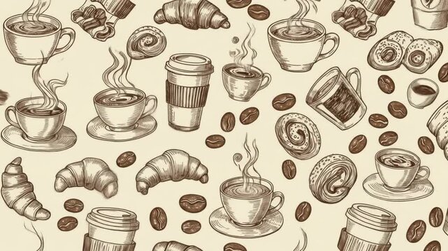 A whimsical hand-drawn pattern featuring steaming coffee cups, croissants, pastries, and coffee beans on a beige backdrop.  The style is reminiscent of vintage illustrations