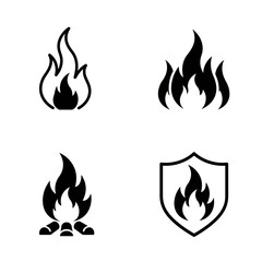Four Simple Black Fire Flame Icons Set