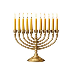 Fototapeta premium Menorah with nine lit candles in golden holder, symbolizing celebration and tradition with warm glowing light