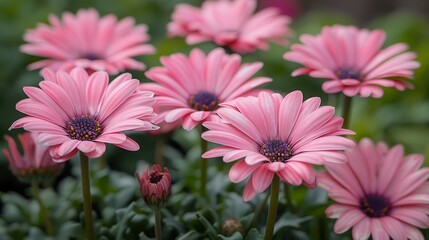 Pink daisies with dark centers. Soft focus green foliage in background adds depth and complements color