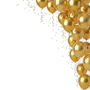 Fototapeta A cluster of shiny gold balloons with confetti and streamers creating a festive party atmosphere isolated on transparent background