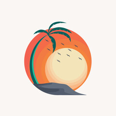 Iconic Summer Beach Illustration With Palm Tree , Summer Beach Logo icon vector