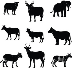 Black vector silhouettes of wild and farm animals, a nature collection including horse, dog, cow, goat, deer, elephant, cat, giraffe, sheep, pig, and lion