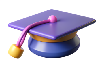 A stylized graduation cap with purple top and tassel on a transparent isolated background view.