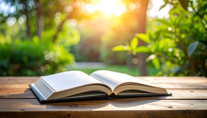 Open book on wooden table, sunlight through trees