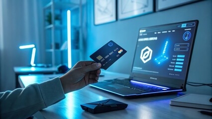 Hand Holding Credit Card in Front of Laptop Screen