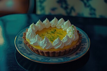 A vibrant lemon tart, adorned with a ring of fluffy meringue peaks and a sprinkle of zesty zest, sits on a patterned plate atop a dark surface.  