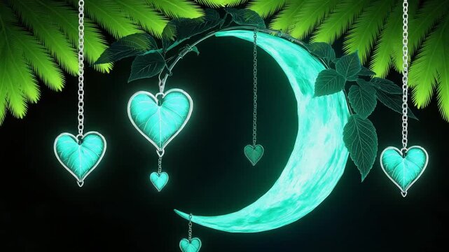 Glowing Crescent Moon with Hanging Heart Leaves Surreal Botanical Fantasy Artwork on Dark Background.