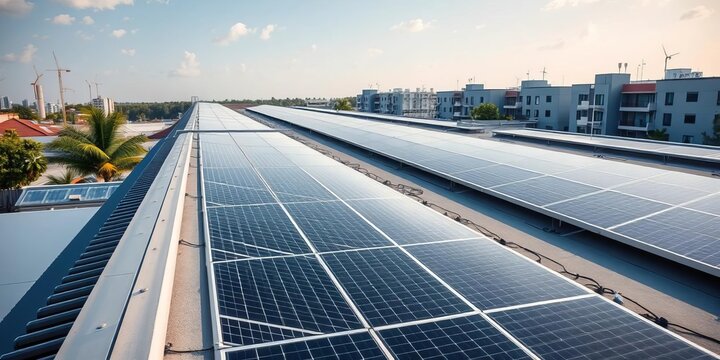 Modern rooftop solar panel array generating clean energy,  city,  sky