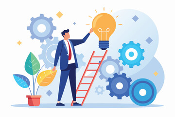 Businessman standing on ladder reaching for light bulb with gears and plants in background during creative brainstorming session
