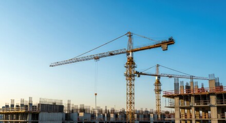 Construction site with cranes under a clear sky