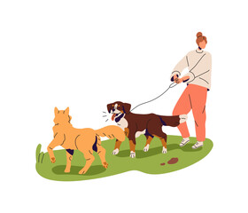 Naughty dog with inappropriate behavior pulls leash at walking. Angry pup with aggression to pets barking outdoors. Owner strolls awkward puppy. Flat isolated vector illustration on white background