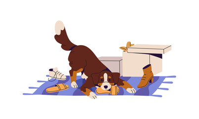 Naughty dog destroys boots. Cute puppy torns shoes, does damage. Hyperactive pup plays, chewing slippers. Unwanted, inappropriate behavior of pet. Flat isolated vector illustration on white background