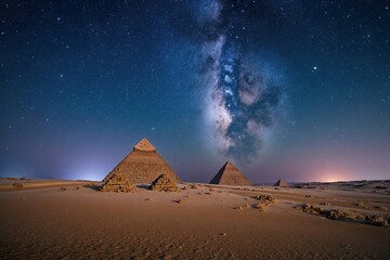 Ancient Pyramids of Giza at night, Beautiful night landscape. The colorful star trails or the Milky Way in the sky.