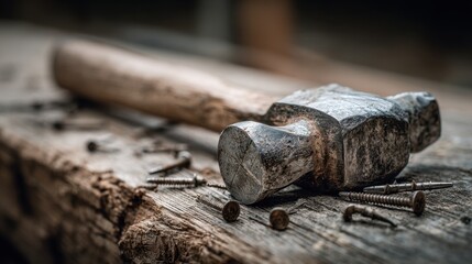 Hammer and Nails: A rustic hammer lies amidst scattered nails on a weathered wooden surface, emphasizing the tangible aspects of craftsmanship. 