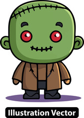 A cute cartoon green monster character with stitches. Adorable undead vector illustration design.