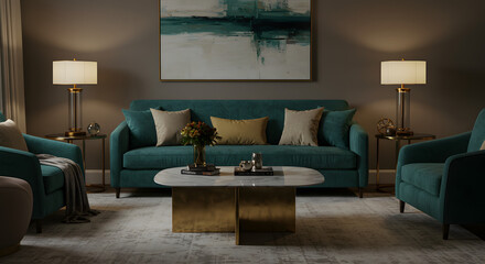 Cozy and luxurious living room featuring a modern teal sofa, gold accents, and soft lamp lighting creating an inviting evening ambiance.