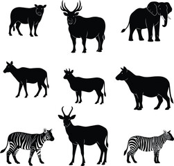 Collection of diverse black vector animal silhouettes, including wild and farm animals like horses, elephants, lions, deer, and cats, perfect for nature illustrations