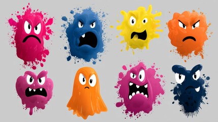 Fototapeta premium Set of cartoon faces with different expressions, including angry, sad, and scared. The faces are surrounded by splatters of paint, giving the impression of chaos and disorder