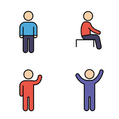 Simple Stick Figure Icons Representing Different Actions and Poses on White