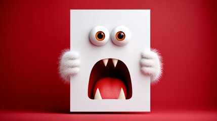 Cartoon monster with red eyes and a mouth wide open. The monster is holding a white box in its mouth