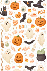 Obraz premium Cute Watercolor Halloween Pattern – Pumpkins, Ghosts, Candy, and Bats on White Background