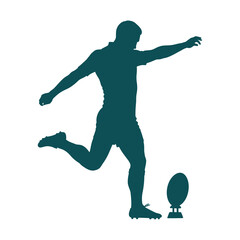 Dark Teal Silhouette of Rugby Player Mid-Kick Aiming at Ball on Tee – Dynamic Vector Graphic on White Background