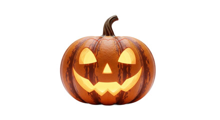 A carved Halloween pumpkin with a glowing face, isolated against a white background.