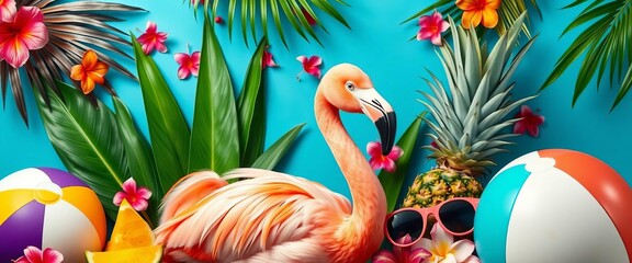 Obraz premium Pink flamingo amidst vibrant summer elements; tropical leaves, pineapple slices, sunglasses, beach ball, bright colors, accessories, leaves