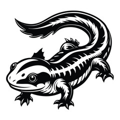 Naklejka premium Monochromatic Axolotl Illustration Majestic Amphibian with Intricate Details and Bold Lines Charming and Elegant Tattoo Design