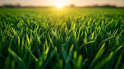 Fototapeta premium Verdant rice field bathed in golden sunlight