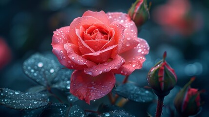 Dew-kissed pink rose blooms amidst deep blue foliage, buds nearby, creating a soft, romantic scene