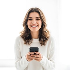 Woman holding a phone and smiling broadly.