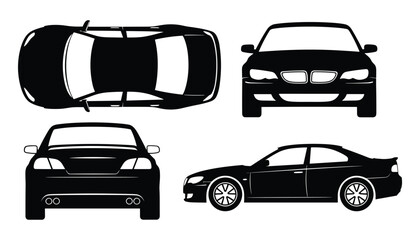 Car Silhouette Set Different Views Top Front Back Side Style Vector Illustration