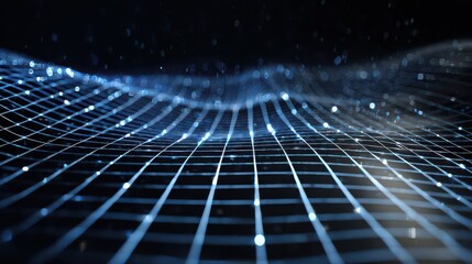 Abstract glowing grid with wavy lines and bokeh effect on a dark background in a futuristic style
