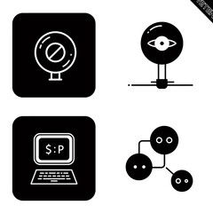 Black and White Icon Set Featuring Surveillance Computer and Network Concepts