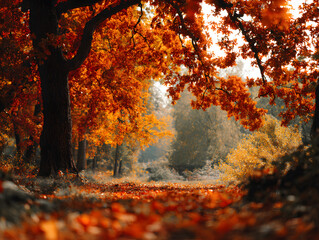 Autumn background, wallpaper with falling leaves of bright red and orange color. Neural network AI generated art