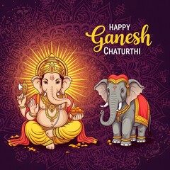 Obraz premium Happy ganesh chaturthi festival celebration with lord ganesha and decorated elephant