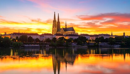 Obraz premium City cathedral at sunset reflected on a calm river