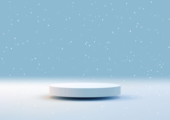 white podium display on snow surface with blue background for winter product mockup and showroom scene, minimal 3d with gentle snowflakes falling for branding design