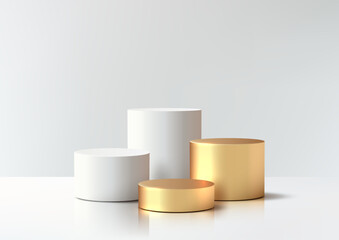 mockup background podium template product display with white and gold cylindrical pedestal for luxury branding showcase on clean surface minimalist 3d platform scene for cosmetic promotion